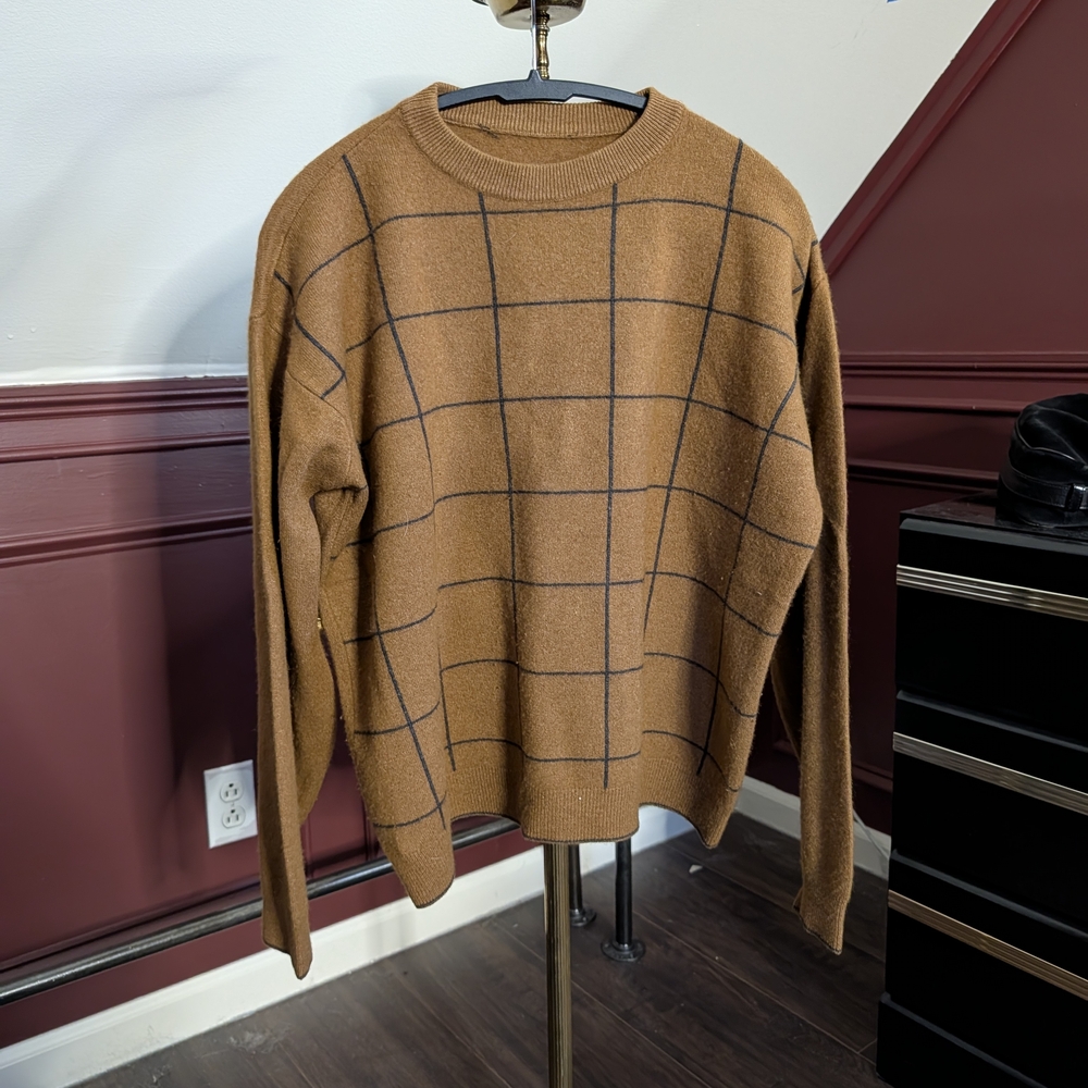 SCOTT BARBER Brown Check Cashmere Wool Made In Italy Knit Sweater